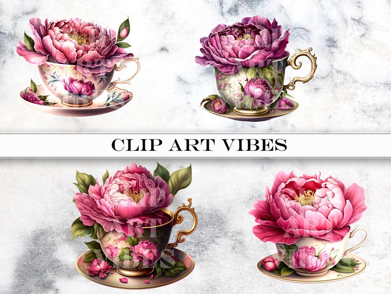 loral Teacup Clipart Bundle, Watercolor Teacup PNG Clip Art Bundle, Romantic Flower Clipart, Vintage PNG, Instant Digital Download