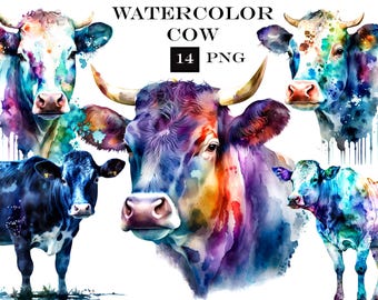 Pacchetto di clipart di mucche ad acquerello: mucca delle Highland Cosmiche PNG (download digitale)