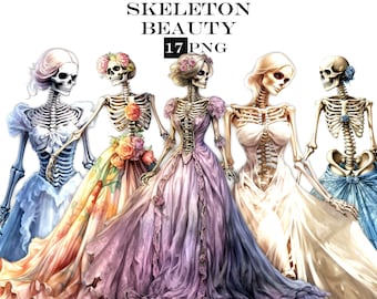 17 PNG Halloween Skeleton Clipart Bundle: Watercolor Designs (Digital Download)