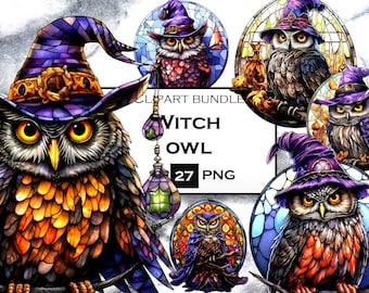 Clipart de Búho Brujo: Paquete PNG de acuarela (Descarga digital)
