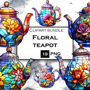 Clipart teiera, tazza da tè acquerello PNG, clipart tea party, vetro colorato, uso commerciale, download digitale istantaneo