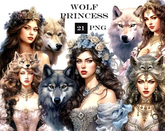 Watercolor Wolf Princess Clipart: 21 PNG Wolf Pack Graphics (Commercial Use)