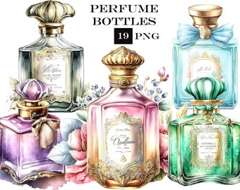 May include: Four ornate glass perfume bottles with gold accents and floral details. The bottles are filled with colorful liquids and have labels with text. The bottles are surrounded by watercolor flowers.