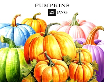 Akvarellpumpa Clipart-paket: 23 PNG Halloween-grafik (digital nedladdning)