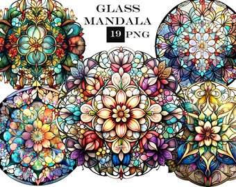 Stained Glass Watercolor Mandala Clipart. Fantasy and Mystical Clipart Bundle with transparent background. Commercial Use