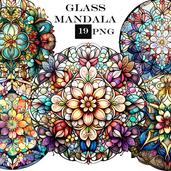 Stained Glass Watercolor Mandala Clipart. Fantasy and Mystical Clipart Bundle with transparent background. Commercial Use