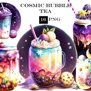May include: A set of 16 digital illustrations of cosmic bubble tea. The tea is in various glass jars and cups with colorful galaxy designs and toppings like whipped cream, boba pearls, and stars. The text "COSMIC BUBBLE TEA 16 PNG" is at the top of the image.