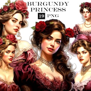 Burgundy Princess Clipart Bundle, Sublimation Designs for Craft and Art Projects, Versatile PNG Bundle for Digital Use