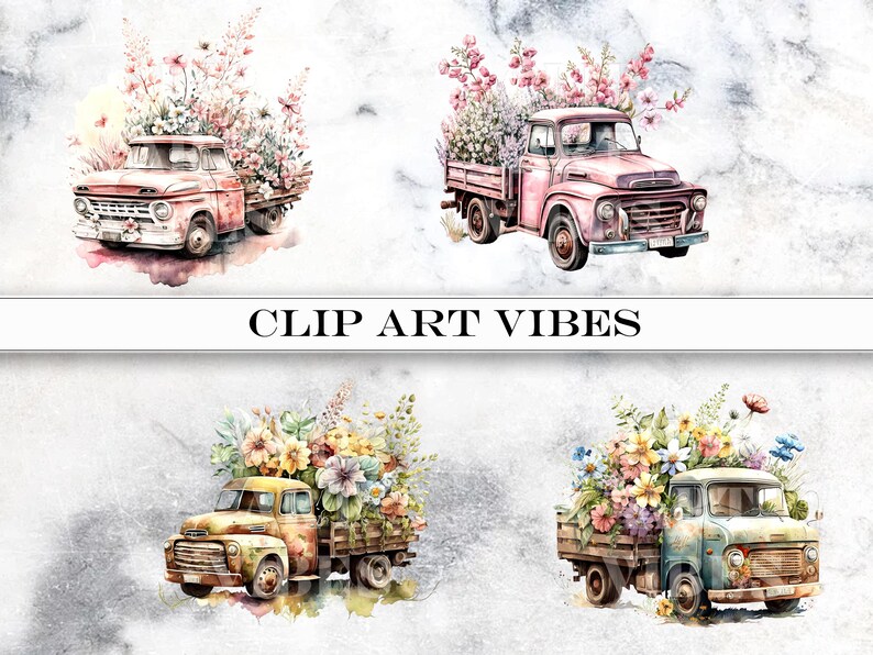 lower Truck Clip Art, Watercolor Truck Cilp Art Bundle, Romantic Truck Clipart, Floral PNG, Commercial Use, Instant Digital Download