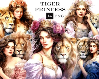 Princess and Tiger Clipart Bundle: Jungle PNG Graphics (14 Files)