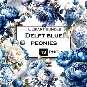 Delft Blue Pfingstrosen Clipart, Floral Clipart, Aquarell Blumen PNG, Pfingstrosen Clipart, kommerzielle Nutzung, sofortiger digitaler Download