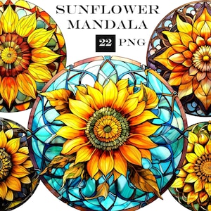 Gebrandschilderd glas aquarel Mandala clipart bundel, zonnebloem clip art PNG bundel, zonnebloem SVG-bestanden met transparante achtergrond