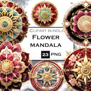 Pacchetto di clipart acquerello mandala fiore, pacchetto PNG di clip art fantasy con sfondo trasparente per diari spazzatura e scrapbooking