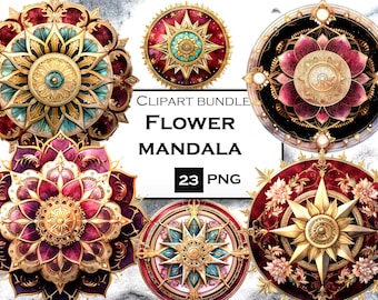Watercolor Flower Mandala Clipart: Fantasy PNG Bundle (23 Files)