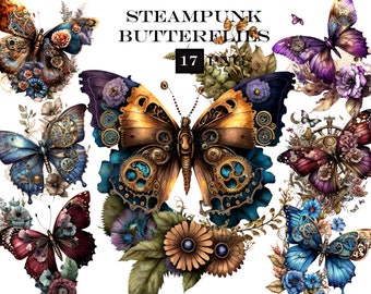 Steampunk Butterflies Clipart, Watercolor Steampunk PNG, Butterfly Clipart Bundle, Butterflies PNG, Commercial Use, Instant Digital Download