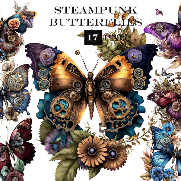 Steampunk Butterflies Clipart, Watercolor Steampunk PNG, Butterfly Clipart Bundle, Butterflies PNG, Commercial Use, Instant Digital Download