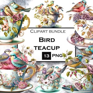 Clipart tazza da tè floreale, uccello tazza da tè acquerello SVG, clipart fiore romantico, PNG vintage, uso commerciale, download digitale istantaneo