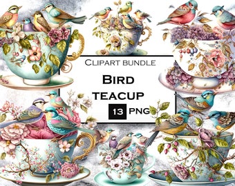 Clipart de taza de té floral, pájaro de taza de té de acuarela SVG, imágenes prediseñadas de flores románticas, PNG vintage, uso comercial, descarga digital instantánea