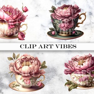 loral Teacup Clipart Bundle, Watercolor Teacup PNG Clip Art Bundle, Romantic Flower Clipart, Vintage PNG, Instant Digital Download