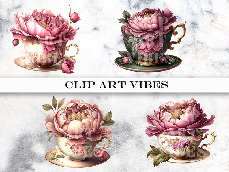 loral Teacup Clipart Bundle, Watercolor Teacup PNG Clip Art Bundle, Romantic Flower Clipart, Vintage PNG, Instant Digital Download