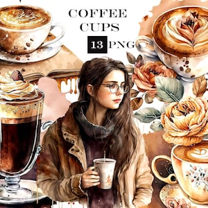 Watercolor Coffee Clip Art, Coffee Cup Clipart Bundle, Coffee Mug PNG, Commercial Use, Instant Digital Download