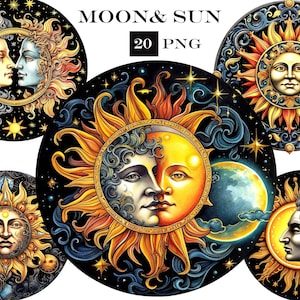 Celestial Clipart Bundle, Watercolor Sun Clip Art, Moon Clipart PNG Bundle, Commercial Use, Instant Digital Download