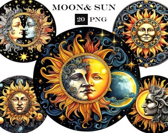 Celestial Clipart Bundle, Watercolor Sun Clip Art, Moon Clipart PNG Bundle, Commercial Use, Instant Digital Download