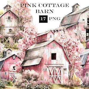Farmhouse Clipart, Pink Cottage Barn Clipart, Cottagecore Clip Art Bundle, Summer Clipart, Instant Digital Download