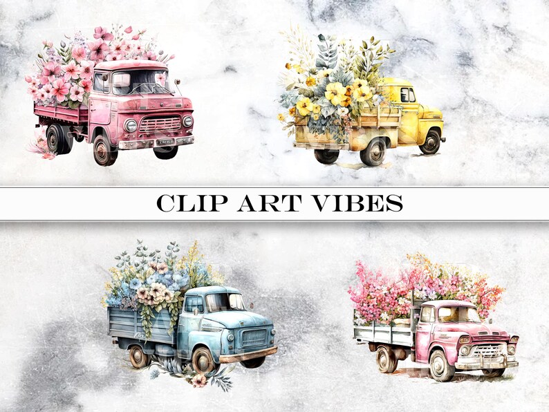 lower Truck Clip Art, Watercolor Truck Cilp Art Bundle, Romantic Truck Clipart, Floral PNG, Commercial Use, Instant Digital Download