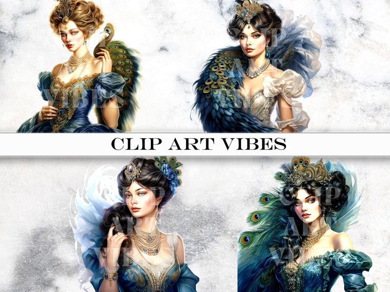 Peacock Lady Clipart Bundle: 16 Victorian PNG Images (Digital Download) image 10