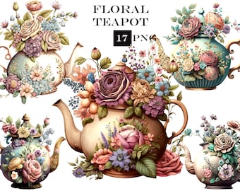 Blommig tekanna Clipart, akvarell Teaparty Clipart, Tea Party SVG, vår Clipart, Vintage PNG, kommersiellt bruk, omedelbar digital nedladdning