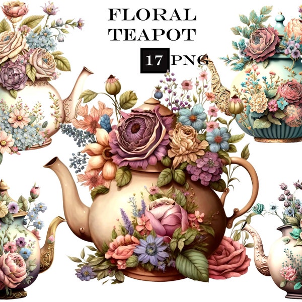 Floral Teapot Clipart, Watercolor Teaparty Clipart, Tea Party SVG, Spring Clipart, Vintage PNG, Commercial Use, Instant Digital Download