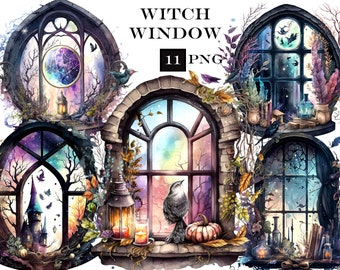 Witch Window ClipArt, Watercolor Wiccan PNG, Witchery Clipart Bundle, Witchcraft PNG, Commercial Use, Instant Digital Download