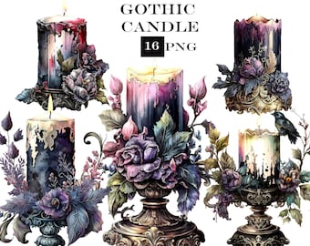 Gothic Candle Clipart, Gothic Floral Candle Clipart Bundle, Gothic PNG, Commercial Use, Instant Digital Download