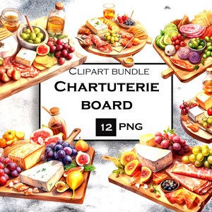Pacchetto di clipart ad acquerello da 12 PNG Chartuterie Board, pacchetto PNG di clip art di cibo italiano con sfondo trasparente per diari spazzatura