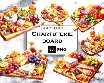 12 PNG Chartuterie Board Watercolor Clipart Bundle, Italian Food Clip Art PNG Bundle with Transparent Background for Junk Journals