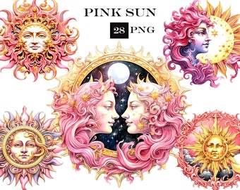 Pink Sun Clipart Bundle: Himmlische PNG Dateien (digitaler Download)