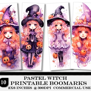 Halloween Witch Printable Bookmarks, Digital Halloween Bookmark Sheets, PNG Bookmark Set for Halloween Crafts and Book Lovers