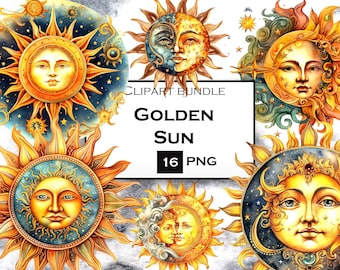 May include: Watercolor clipart bundle of 16 golden sun illustrations. The suns have a variety of designs, including a sun with a face, a sun with a crescent moon, and a sun with stars. The clipart is perfect for adding a touch of whimsy to your projects.