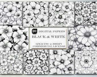 Black and White Floral Digital Papers Pack, Scrapbook Paper, Black White Patterns Digital Paper for Crafts and Card Making