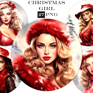 Christmas Clipart Bundle, Merry Christmas PNG, Holiday Clipart, Pin up girl PNG with Transparent Background for Junk Journals