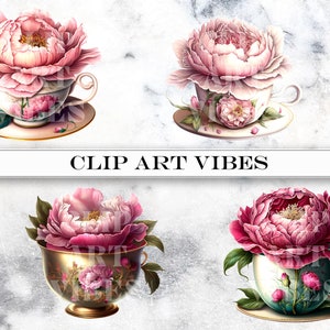 loral Teacup Clipart Bundle, Watercolor Teacup PNG Clip Art Bundle, Romantic Flower Clipart, Vintage PNG, Instant Digital Download