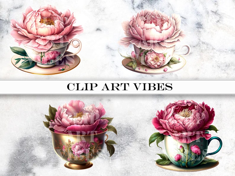 loral Teacup Clipart Bundle, Watercolor Teacup PNG Clip Art Bundle, Romantic Flower Clipart, Vintage PNG, Instant Digital Download