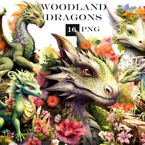 16 Watercolor Woodland Dragon Clipart: PNG, SVG Designs (Digital Download)