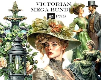 85 PNG MEGA PAKIET Akwarele Wiktoriańskie Clipart Bundle, Steampunk Clip Art Bundle, Fantasy Clipart