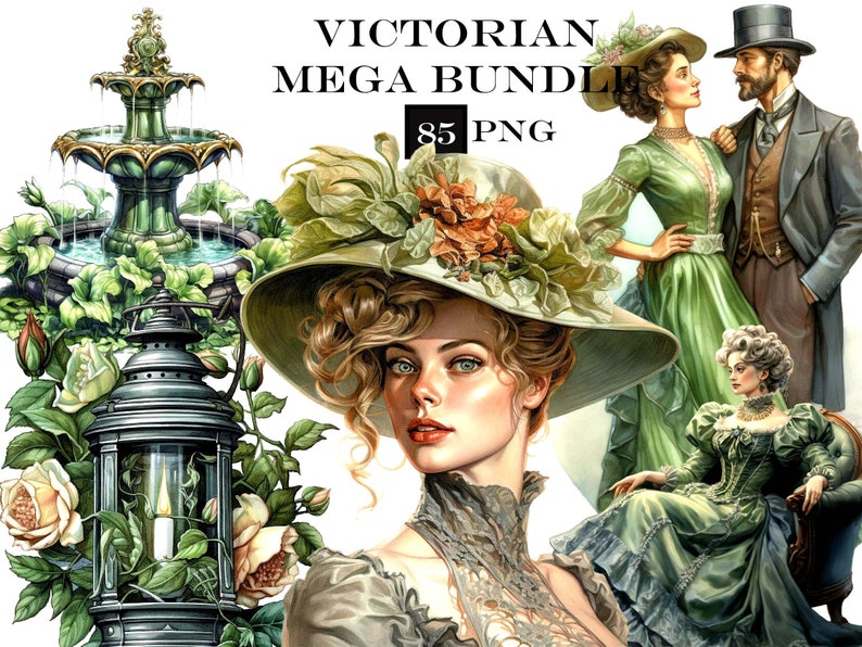 5 PNG MEGA BUNDLE Watercolor Victorian Clipart Bundle, Steampunk Clip Art Bundle, Fantasy Clipart