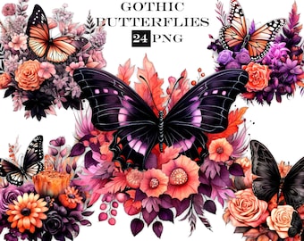 Watercolor Gothic Butterfly Clipart: Floral PNG Bundle (Digital Download)