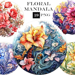 Flower Mandala aquarel clipart bundel, Fantasy clip art PNG-bestanden met transparante achtergrond voor ongewenste tijdschriften en scrapbooking