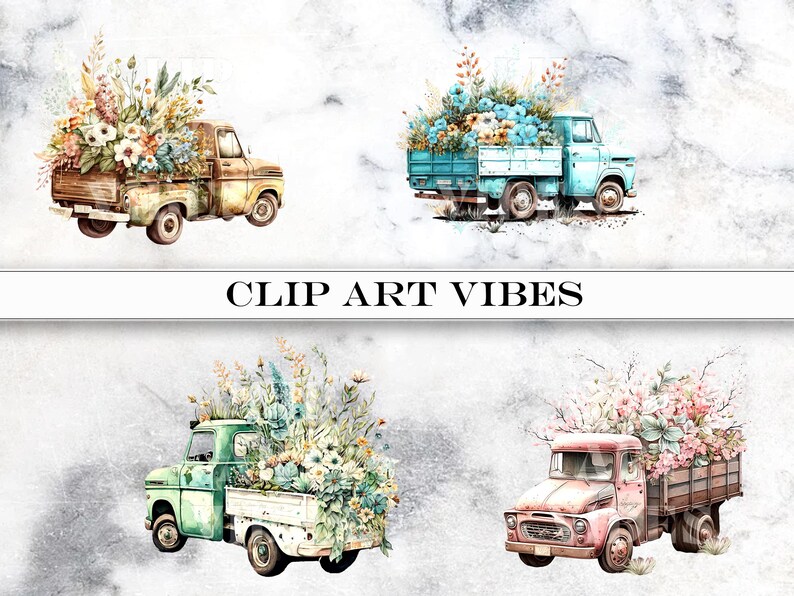 lower Truck Clip Art, Watercolor Truck Cilp Art Bundle, Romantic Truck Clipart, Floral PNG, Commercial Use, Instant Digital Download