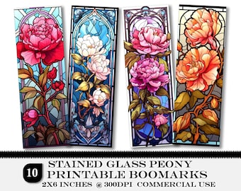 Stained Glass Peony Bookmarks: Watercolor PNG Bundle (Printable)